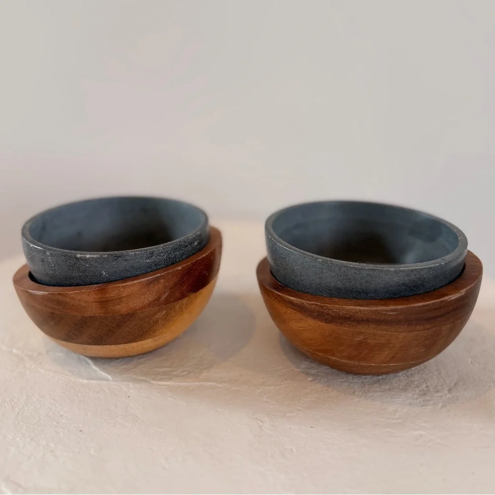 SOAPSTONE & WOOD ICE CREAM BOWL SET FREEZABLE BOWL INSULATING WOOD BOWL MODERN - Picture 4 of 9